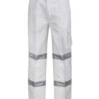 White pants with gray reflective bands on the knees and a side pocket.