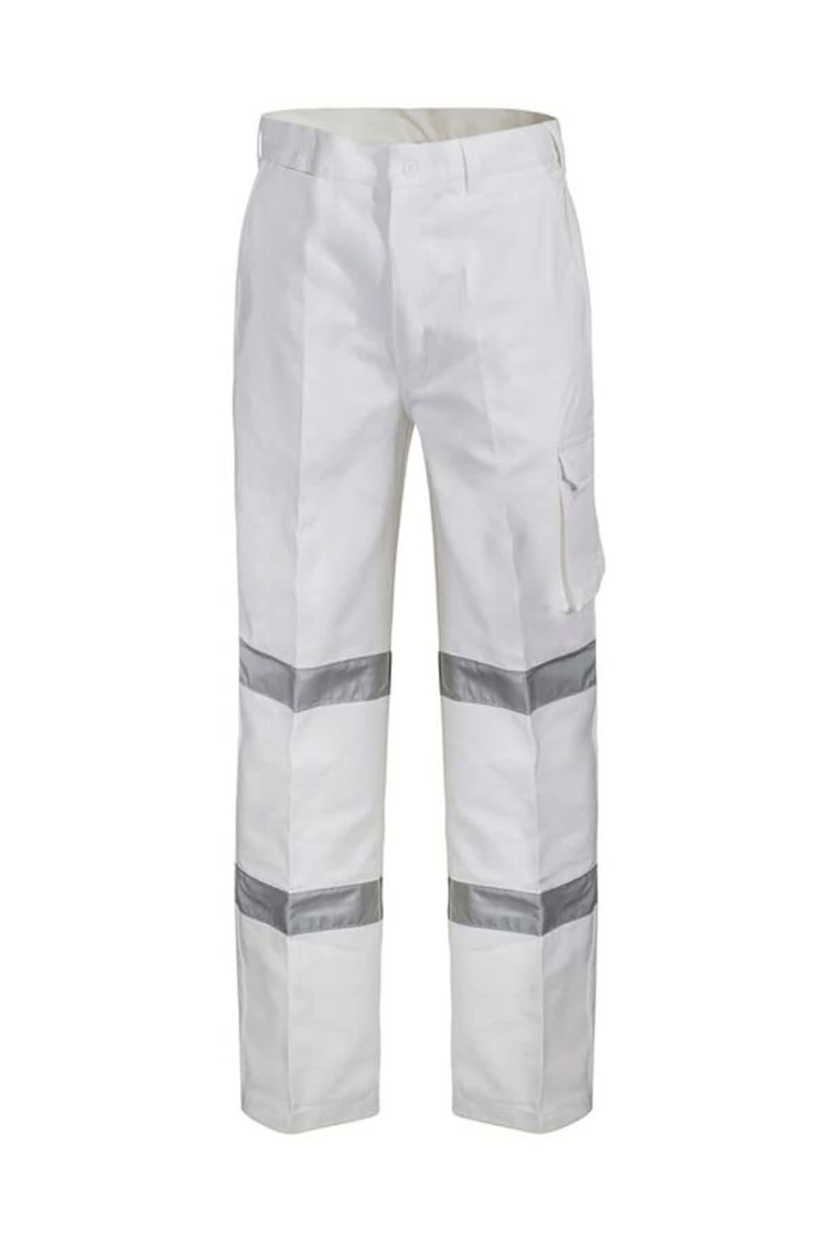 White pants with gray reflective bands on the knees and a side pocket.