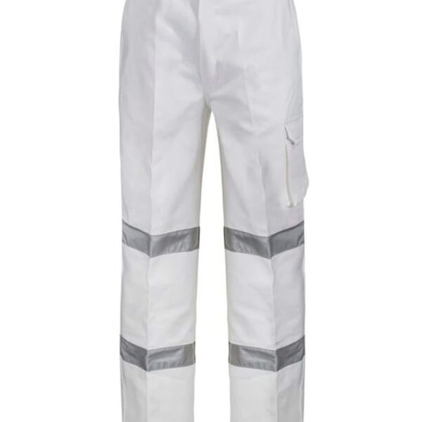 White cargo pants with reflective gray stripes around the knees.