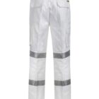 White work pants with reflective stripes and multiple pockets, shown from the back.