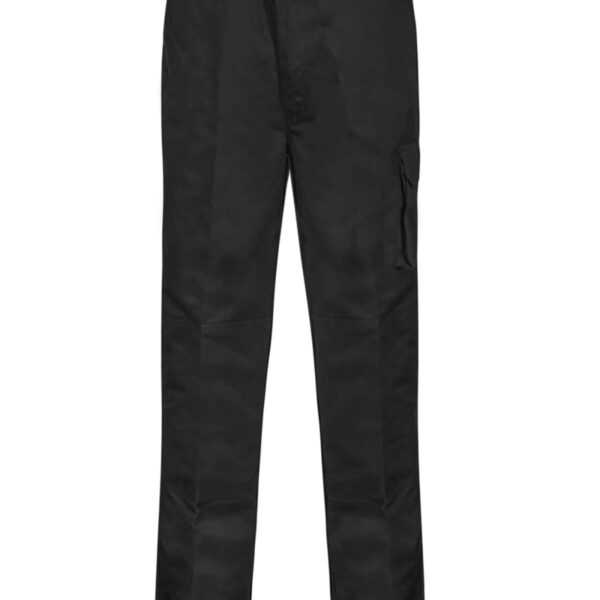 Black cargo pants with side pockets, button closure, and straight legs on a white background.