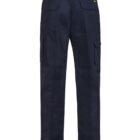 Navy blue cargo pants with multiple pockets and belt loops.