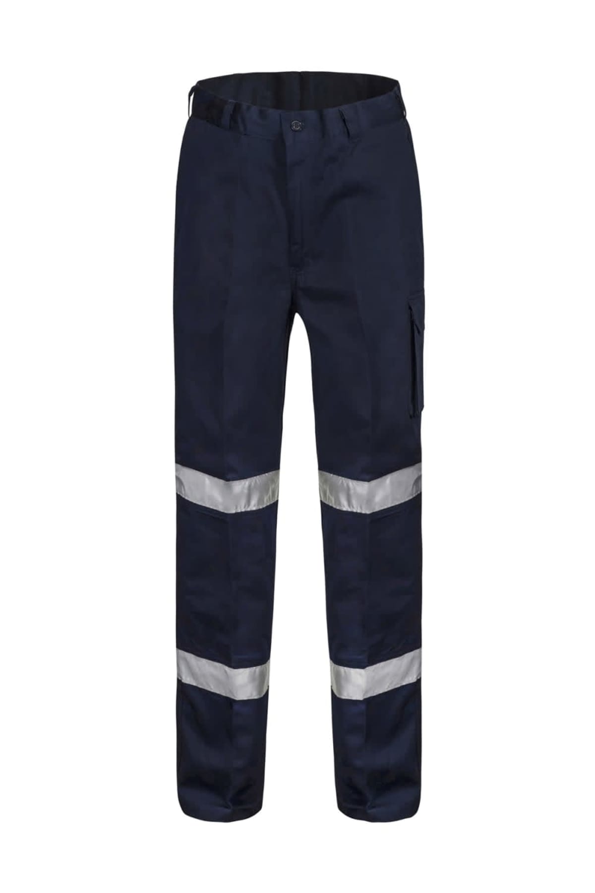 Dark blue work pants with reflective bands around the legs.