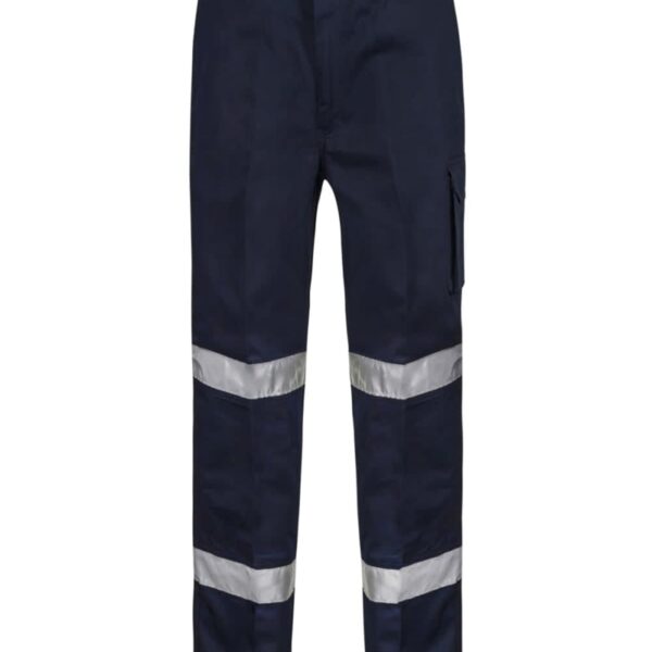 Dark blue work pants with reflective bands around the legs.