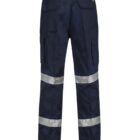 Dark blue work pants with reflective stripes on the legs, featuring multiple pockets.