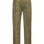 Olive green pants with straight cut and belt loops.