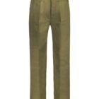 Back view of olive green trousers with pockets on a white background.