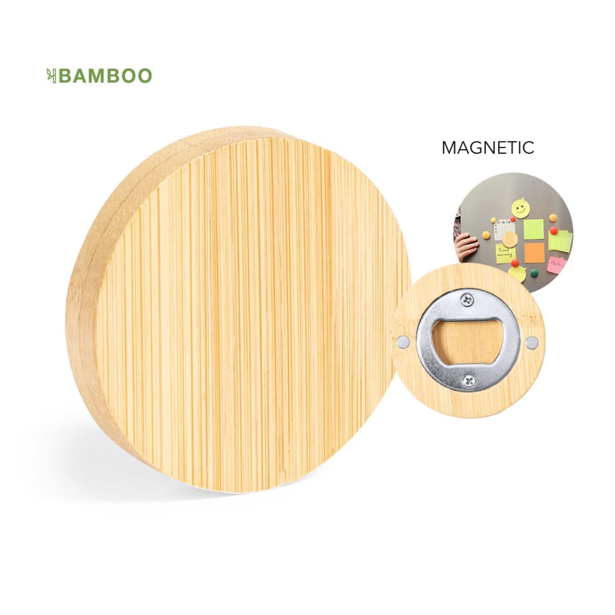 Magnetic bamboo wall bottle opener, with small fridge magnets in background.