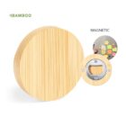 Bamboo magnetic bottle opener with corkboard surface for posting notes.