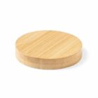 Wooden, circular bamboo coaster with a smooth, natural finish.