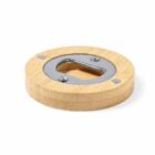Round wooden bottle opener with a metal insert and visible screws.