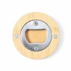 Round wooden bottle opener with metal insert and screws.
