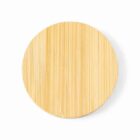 A round, wooden coaster with a light wood grain pattern.