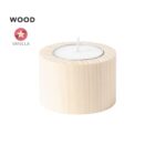 Wooden candle holder with a vanilla-scented candle inside.