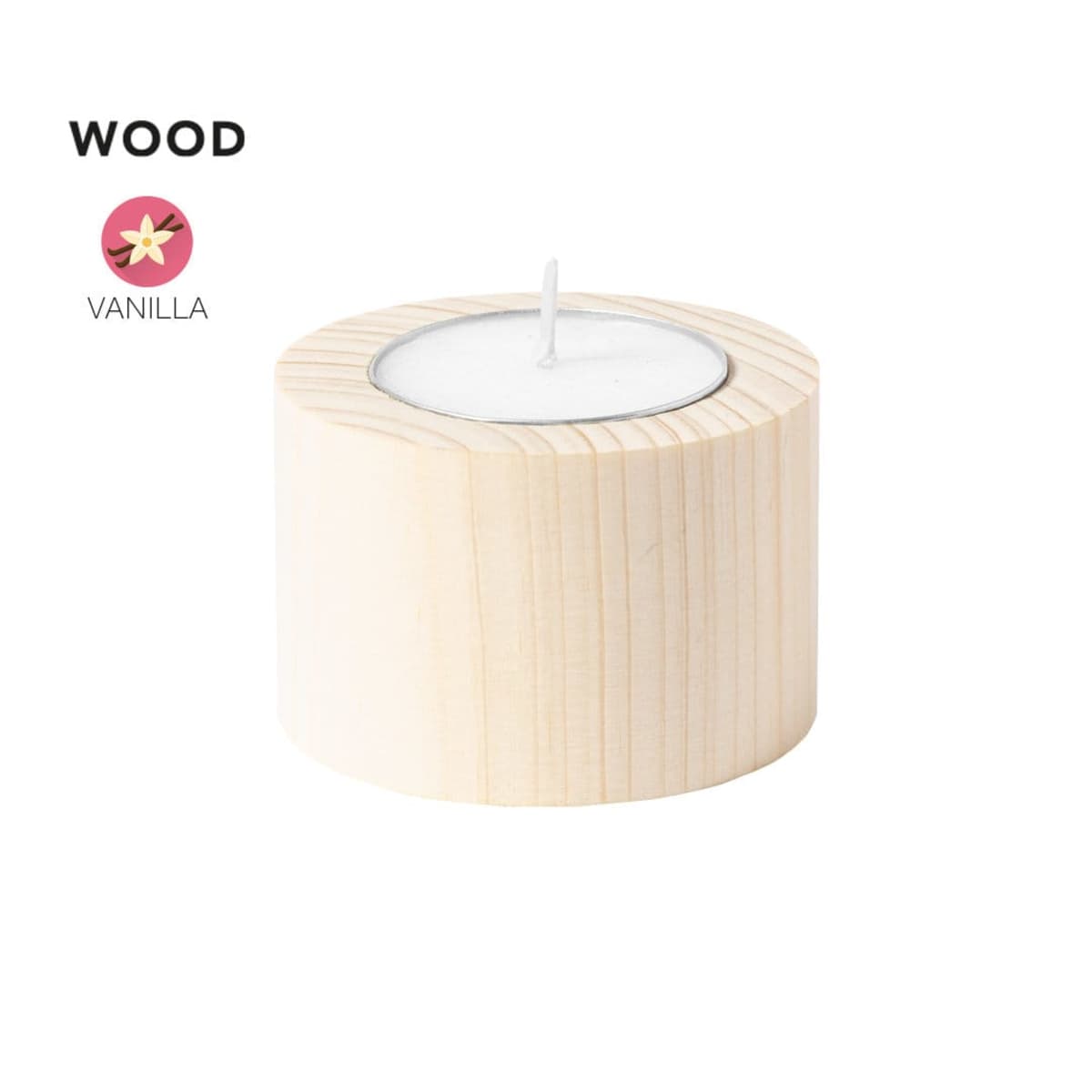 Wooden candle holder with a vanilla-scented candle inside.