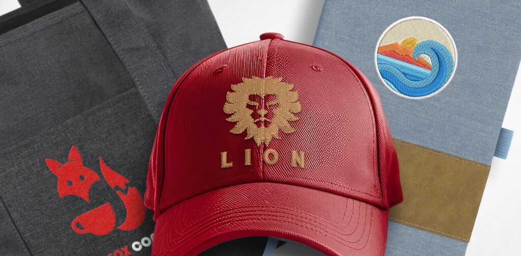 Red cap with lion logo, Parramatta Chamber tote bag, and notebook with wave design.