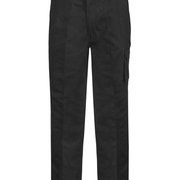 Black cargo pants with multiple pockets, set against a white background.