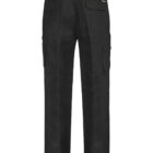 Back view of black cargo pants with multiple pockets on a white background.