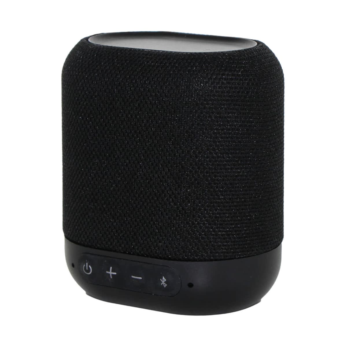 A black portable speaker with control buttons on its base.