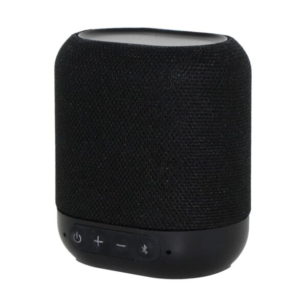 Black wireless speaker with buttons for power, volume, and Bluetooth pairing.