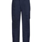 Navy blue cargo pants with side pocket on a white background.
