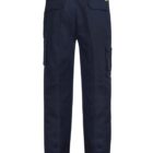 Navy blue cargo pants with multiple pockets, viewed from the back.