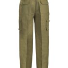 Olive green cargo pants with multiple pockets, shown from the back.