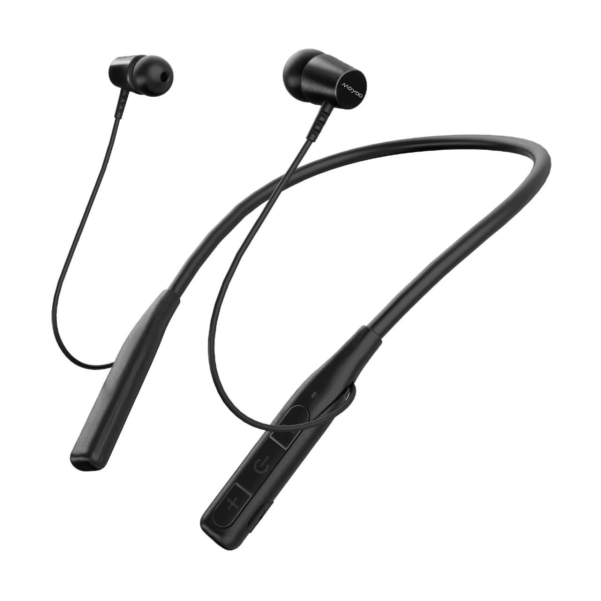 Black wireless earphones with neckband and control buttons.