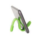 Green flexible phone holder supporting a smartphone in landscape position.