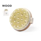 Wooden body brush with bristles and hand strap, includes a drawstring storage bag.