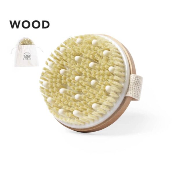 Wooden body brush with bristles and hand strap, includes a drawstring storage bag.