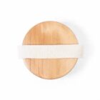 Wooden round brush with a white strap across the back on a white background.