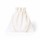 Beige drawstring pouch with a flat base on a white background.