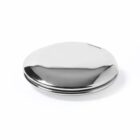 Silver, oval-shaped metal tin with a reflective surface on a white background.
