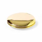 Gold oval-shaped compact mirror on a white background.