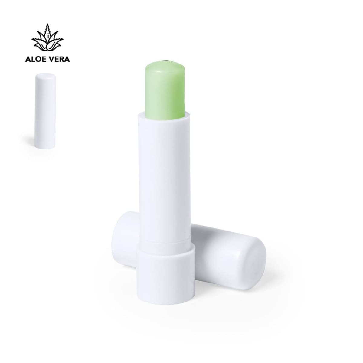 White tube of aloe vera lip balm with cap and logo.