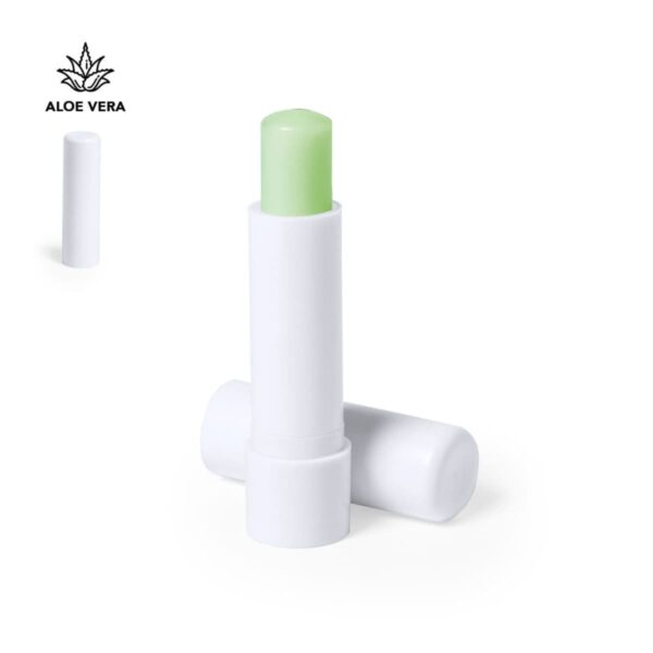 Green aloe vera lip balm in a white tube with the cap off, showing the stick.