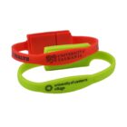 Red and green wristbands with university logos and text on a white background.