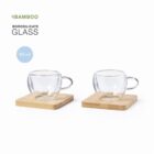 Two glass cups with bamboo saucers, labeled bamboo and borosilicate glass, 90 ml capacity.