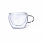 Clear glass cup with double-wall design and small handle on the right.