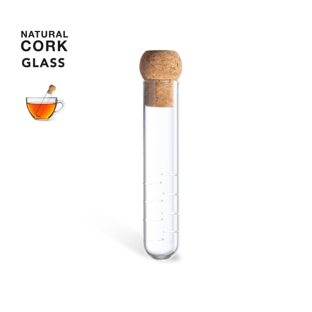 A glass test tube with a cork stopper, labeled Natural Cork Glass beside a tea cup.