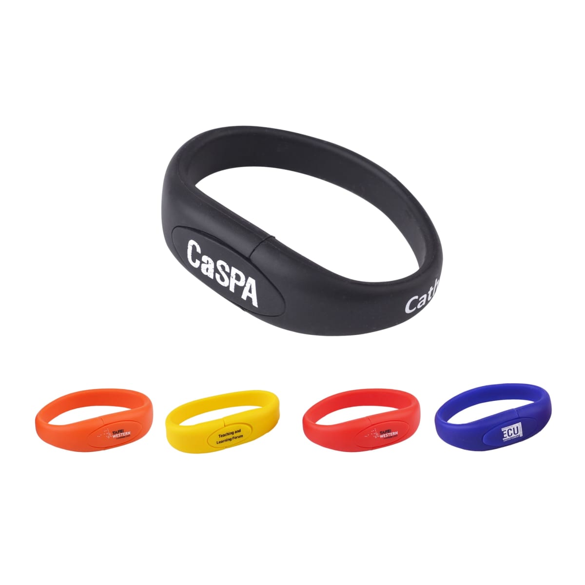 Five colorful rubber wristbands with logos displayed.