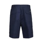 Dark blue cargo shorts with multiple pockets, viewed from the front.
