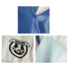 Close-up of a blue glove with Hard Work emblem and fabric details.