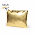 Gold leatherette zipper pouch with a small tag, shown on a white background.