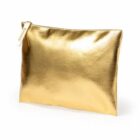 A shiny, gold zippered pouch displayed on a white background.
