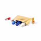 A gold makeup pouch with cosmetics, lipstick, and nail polish on a white background.