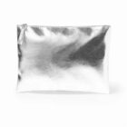 A shiny silver zippered pouch on a white background.