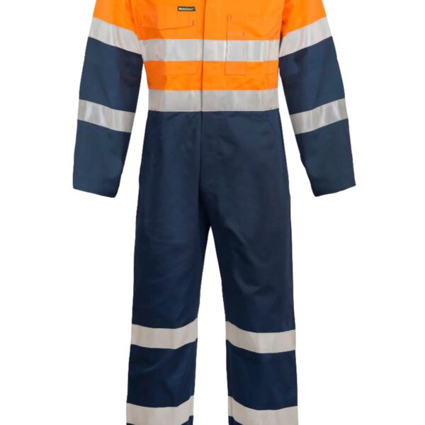 Orange and navy blue jumpsuit with reflective stripes.