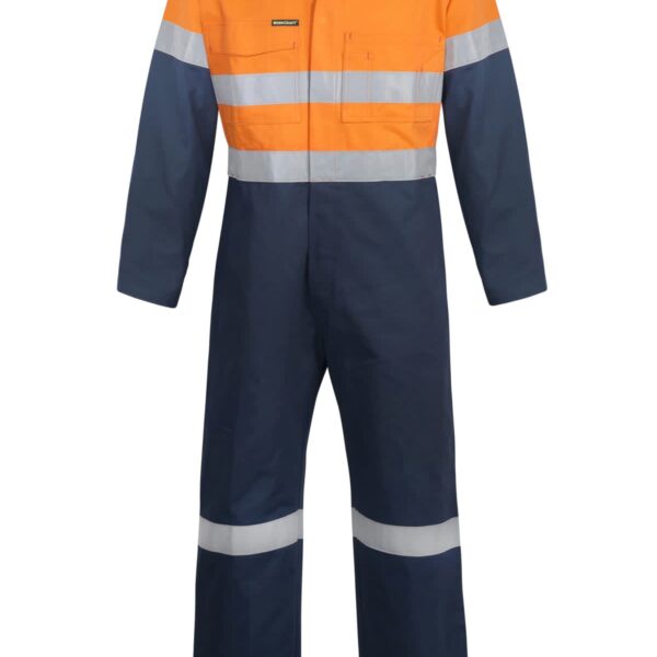 Orange and navy high-visibility coverall with reflective stripes.
